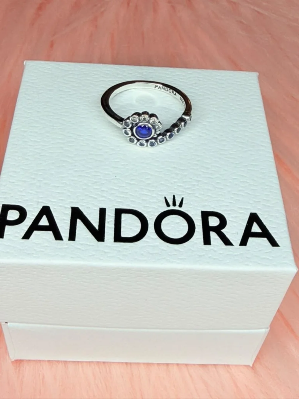 Pandora Sterling Silver Ring with Blue Center and Halo Accents